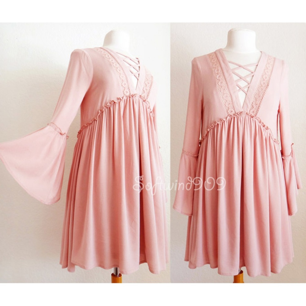 Last☝️Pink Laced Up Bell Sleeves Boho Swing Dress - Picture 2 of 8